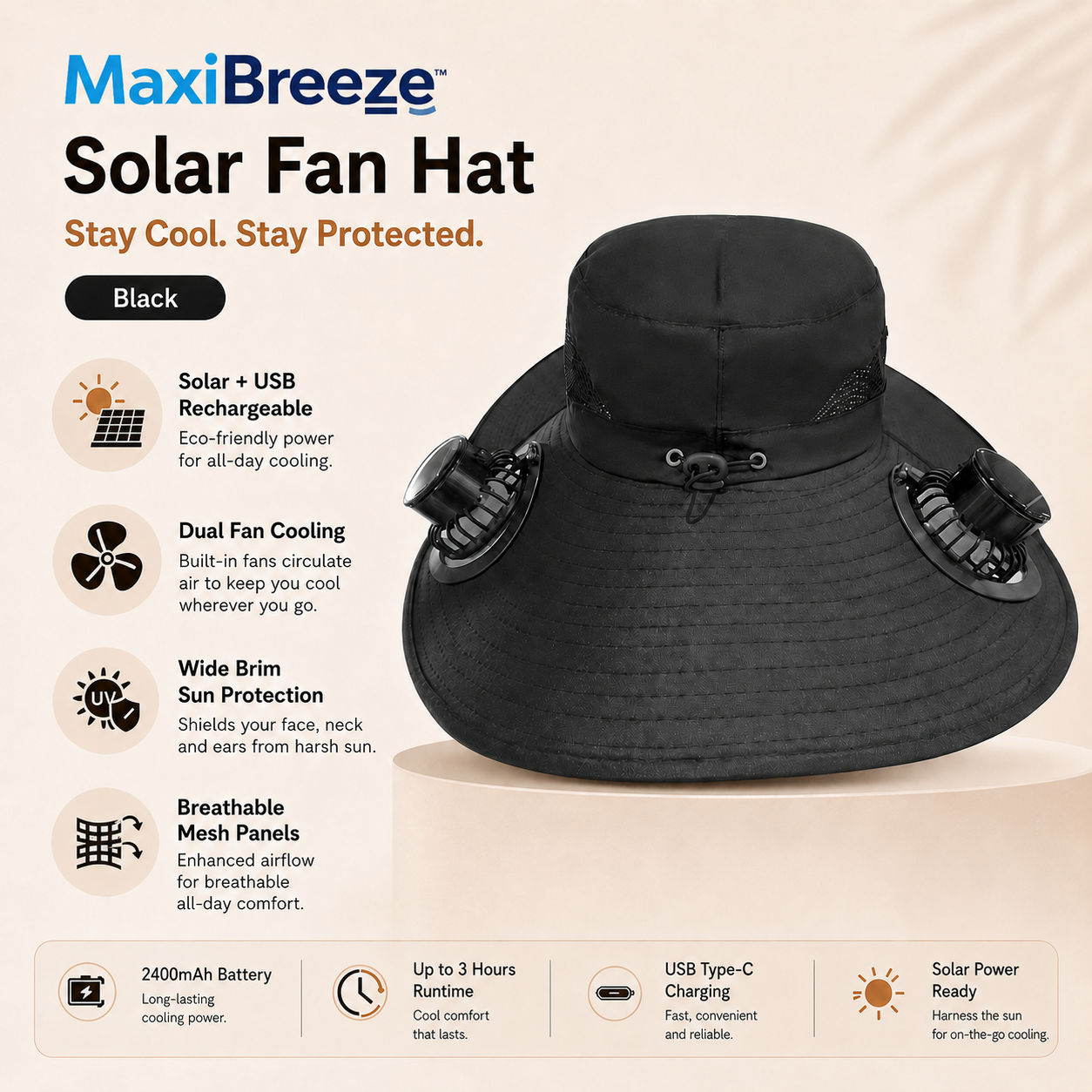 Ventilating Solar Fan Bucket Hat