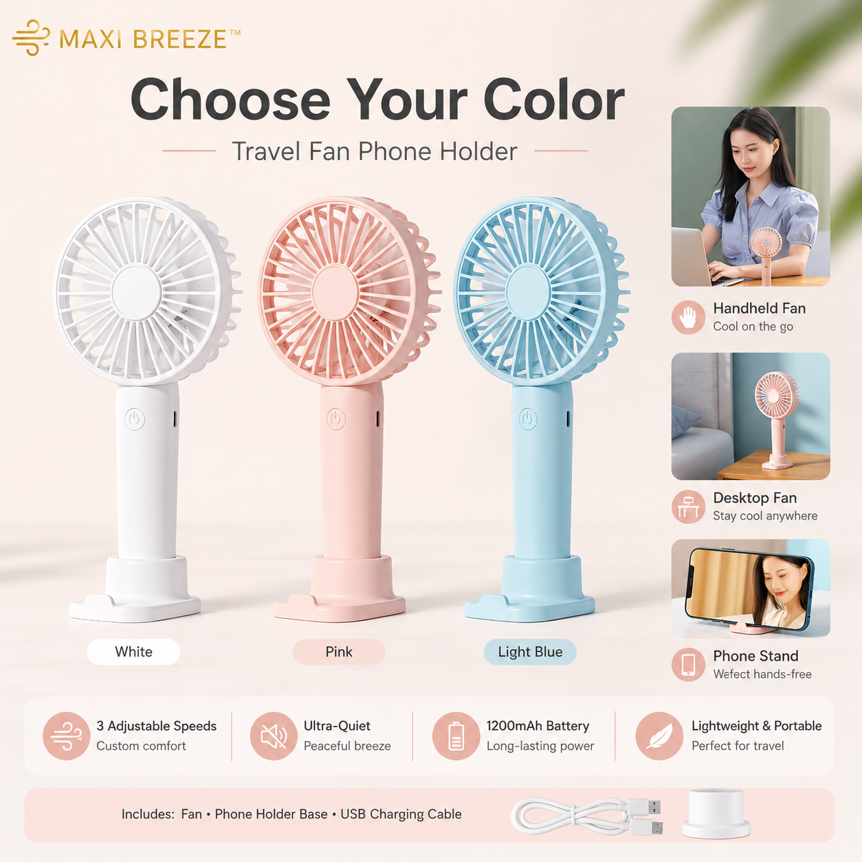 MAXI BREEZE™ Reiseventilator mit Handyhalterung