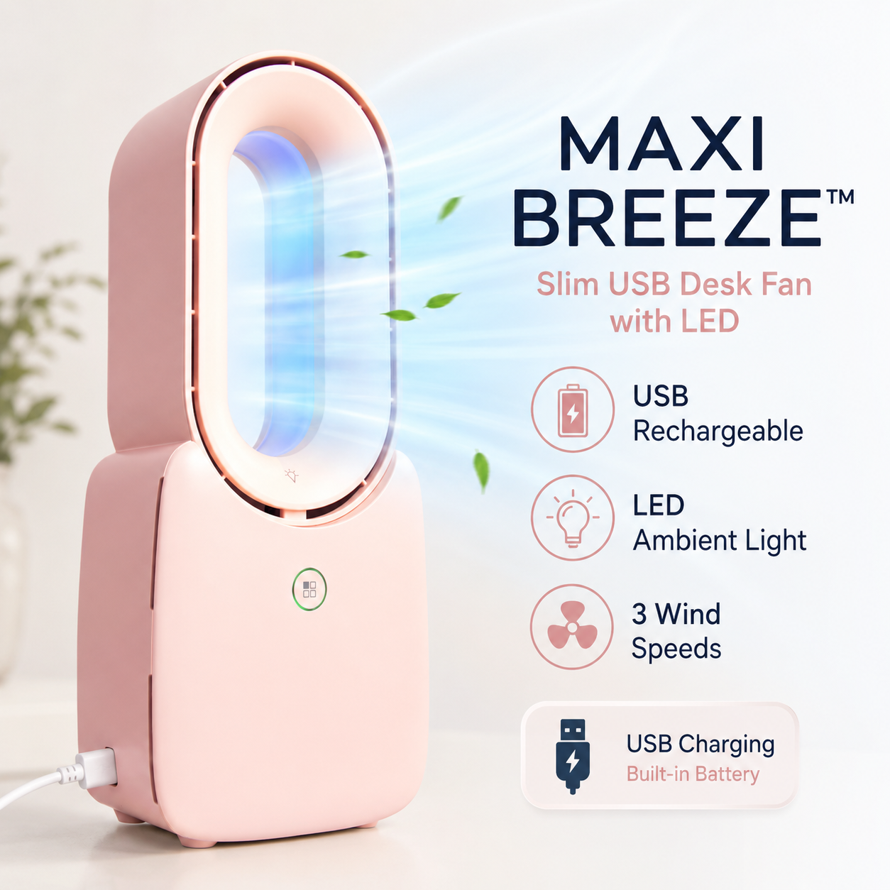 Mini ventilateur de bureau USB Slim MAXI BREEZE™ avec LED